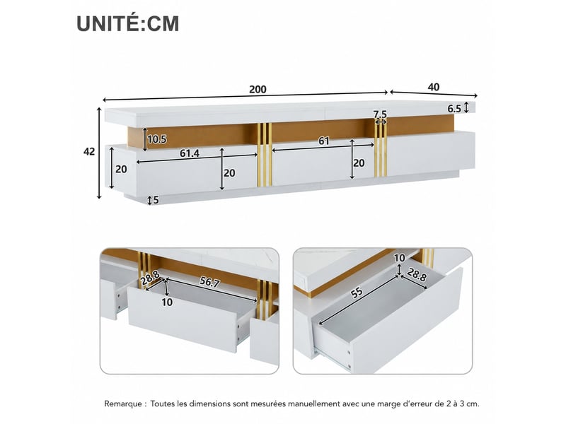  Ensemble meuble tv blanc et table basse, meuble tv blanc 200 cm, effet marbre et détails dorés  - Conforama C