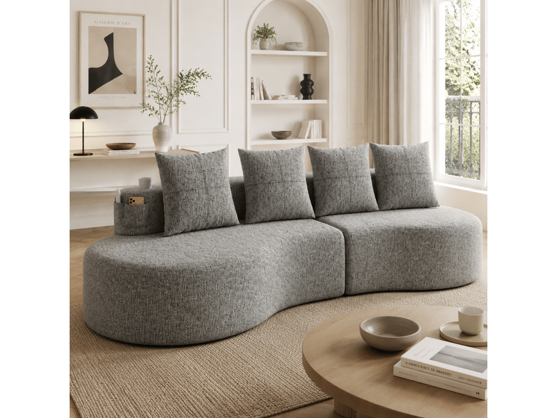  Canapé 4 places en lin gris clair avec 4 coussins, porte-gobelet et poches latérales  - Conforama C