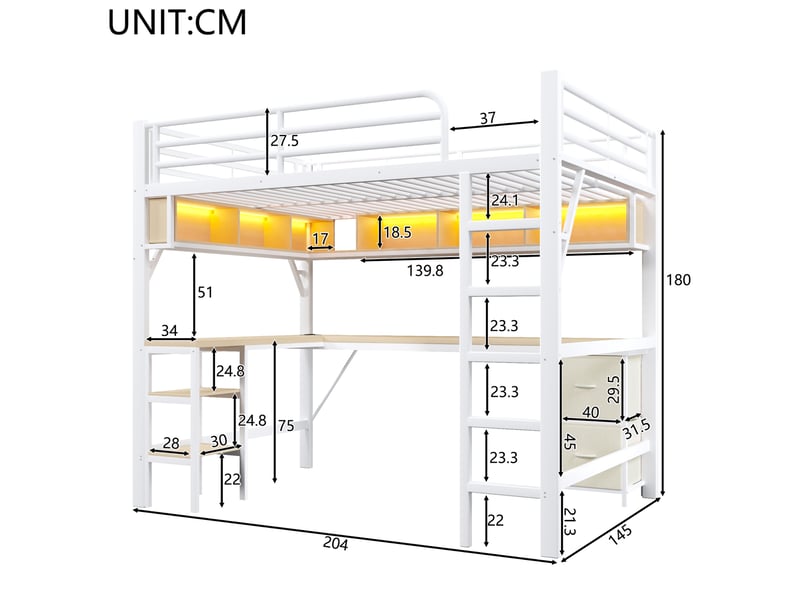 Lit mezzanine gaming 140 x 200 cm en métal avec bureau, rangements, usb et led blanc - Conforama E