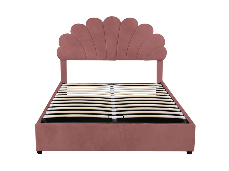  Lit double 140x200 cm en velours rose, tête de lit fleurie réglable et coffre hydraulique  - Conforama A
