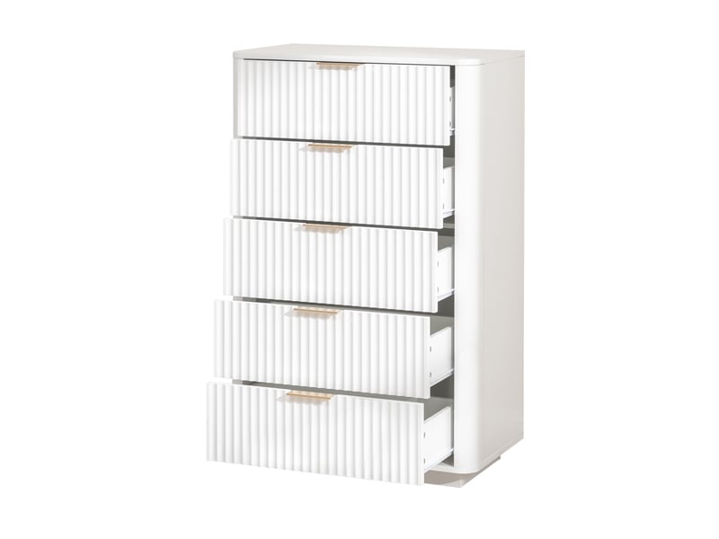 Commode 5 tiroirs, 70x40x108 cm, chiffonnier moderne pour chambre et salon, meuble de rangement en mdf avec coulisses silencieuses, blanc  - Conforama D
