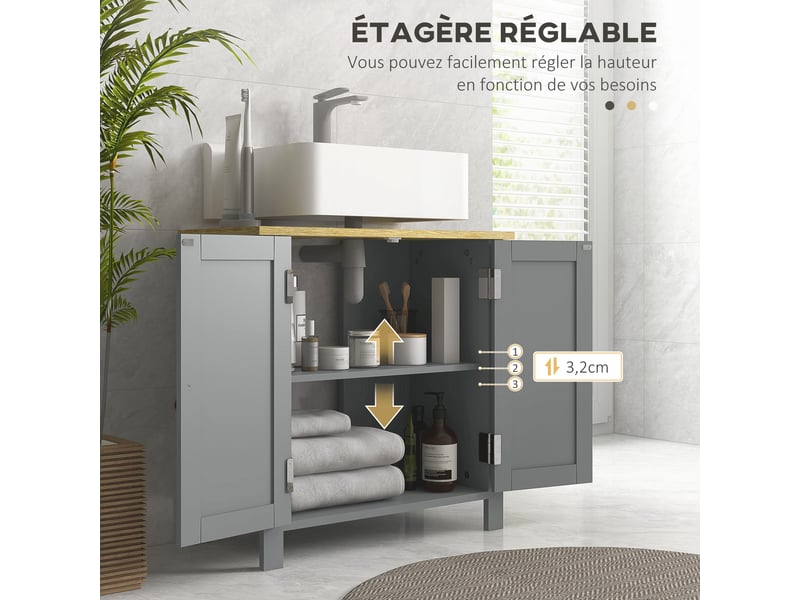  Meuble sous lavabo 2 portes étagère réglable 2 étages à l'intérieure poignées en pu gris 60 x 30 x 60 cm  - Conforama E