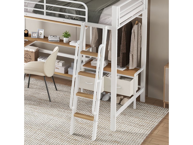  Lit mezzanine enfant en métal et mdf blanc naturel 90x200cm avec bureau, étagère, 2 boîtes tissu et échelle  - Conforama C