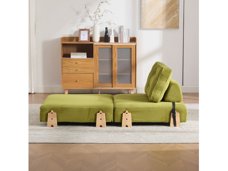  Fauteuil convertible 1 place avec dossier rembourré ergonomique et pieds en bois, en velours côtelé olive  - Conforama C