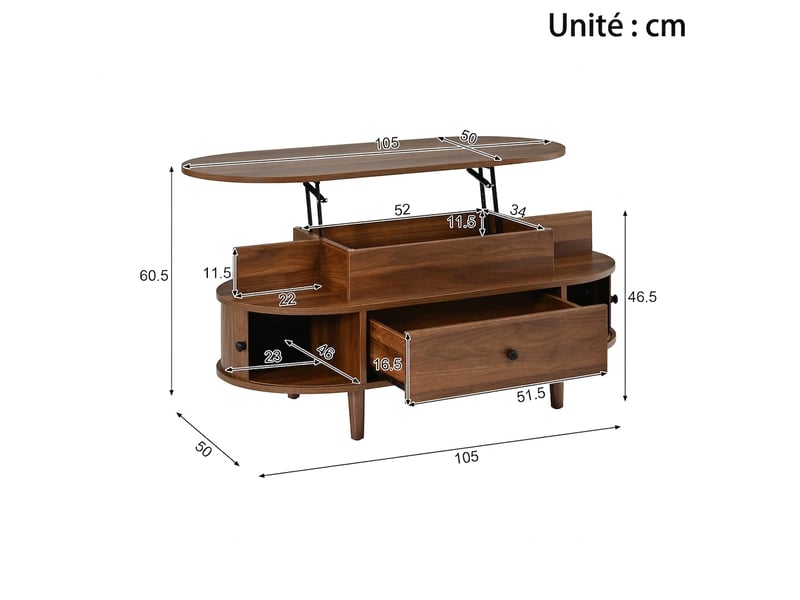  Table basse relevable ovale en mdf noyer avec rangement caché et portes coulissantes  - Conforama D