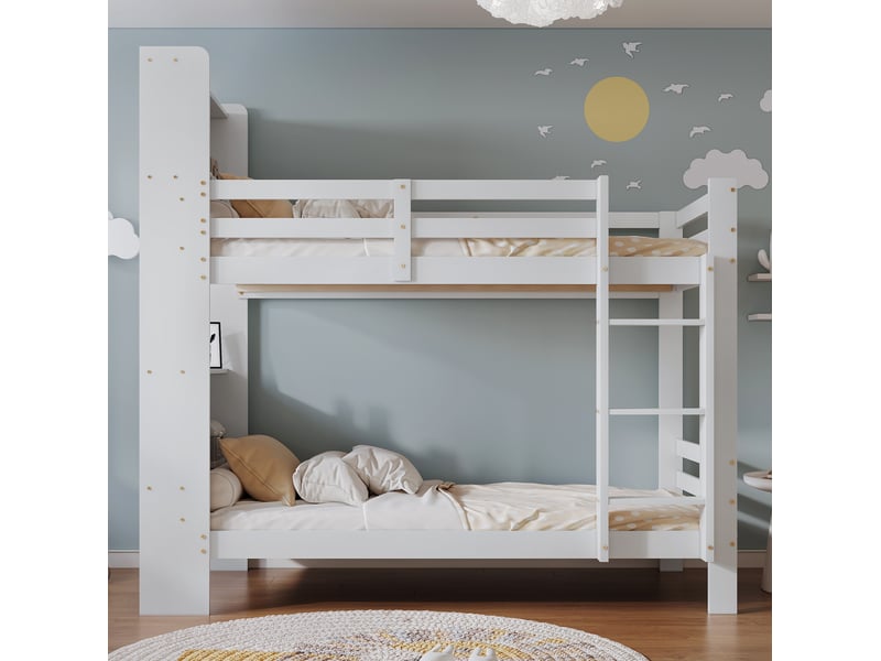 Modenvie lit superposé 90x200 cm - avec étagères de tête, échelle 3 marches, sans matelas - blanc - Conforama E