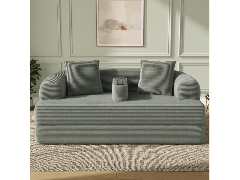  Canape droit pliant 2 places compressé, design 2-en-1, en mousse douce et velours côtelé couleur vert, design moderne  - Conforama D