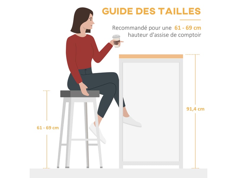  Ilot centra table de bar plateau latéral  rabattable et 3 étagères marron 120 x 76 x 91,4 cm  - Conforama W