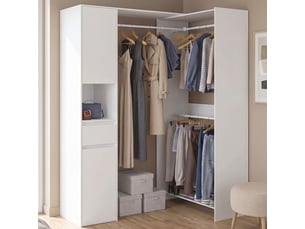Dressing d'angle modulable l. 145 - 203 cm melman triple penderie + portes + tiroir + étagères blanc