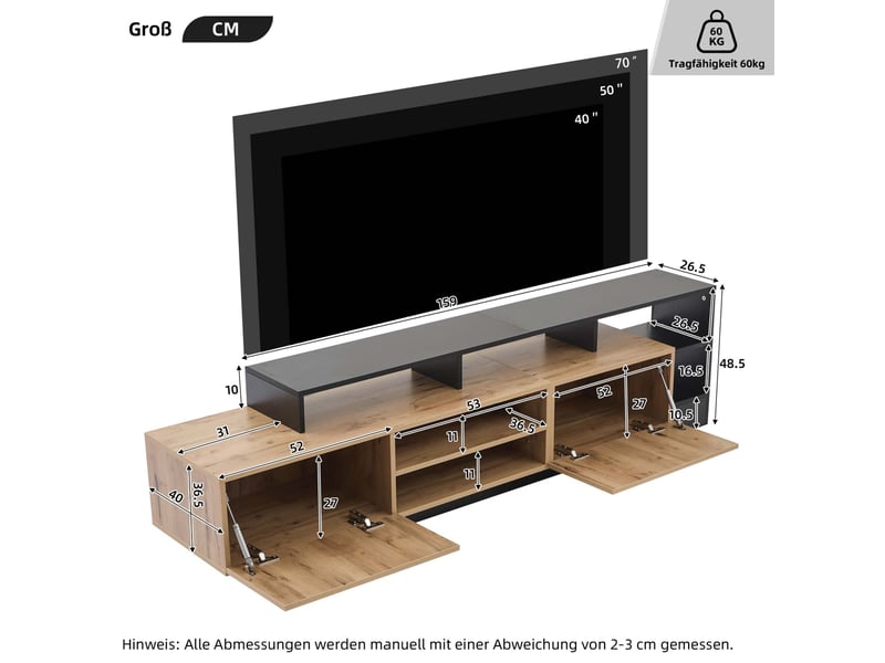  Meuble tv moderne bois naturel et noir avec led, jusqu'à 70 pouces  - Conforama E