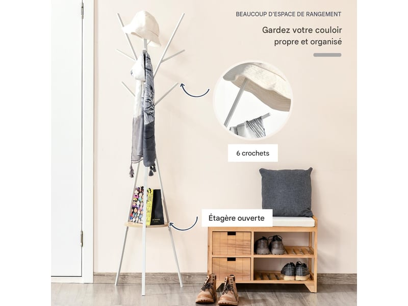  Porte-manteau avec étagère et 8 crochets en métal et mdf blanc 45x45x180 cm  - Conforama D