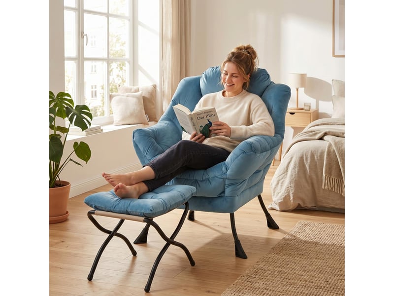  Fauteuil lounge avec repose-pieds 72x62x96cm – fauteuil relax de salon avec poche latérale et structure en métal – tissu velours - bleu  - Conforama B