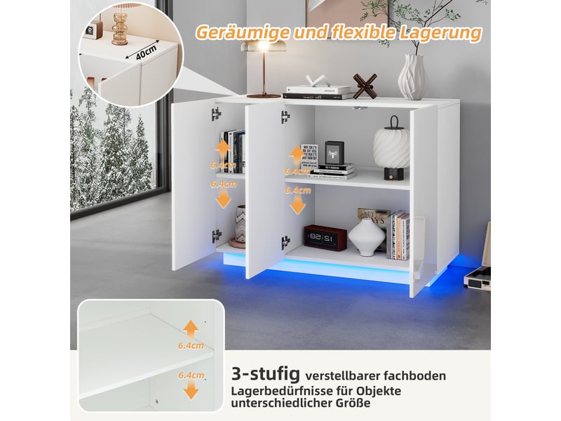 Buffet bas blanc 120x40x75 cm - meuble rangement cuisine avec 3 portes haut gloss et étagères intérieures - Conforama C