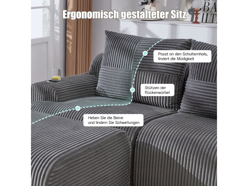  Canapé droit en velours côtelé gris foncé, 2 places, 200 cm, porte-gobelet intégré W2845S00287 - Conforama C