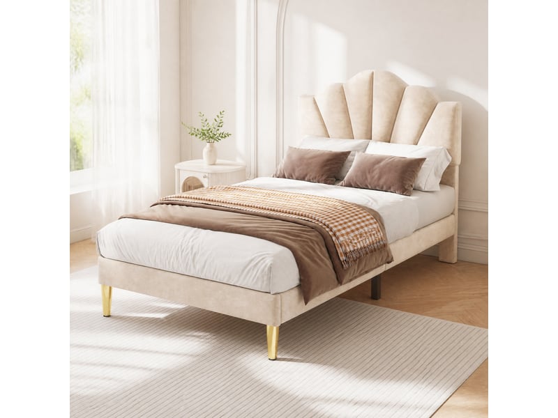  Lit 1 place 90x200 cm en velours beige, tête de lit réglable et pieds dorés  - Conforama C