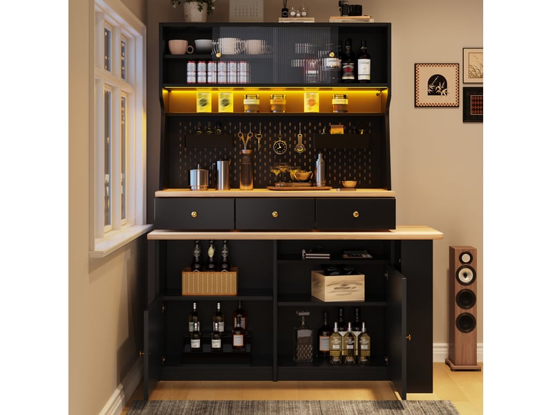  Vitrine haute modenvie avec bureau et bar led app, portes vitrées, étagères réglables, mdf et verre, noir  - Conforama E