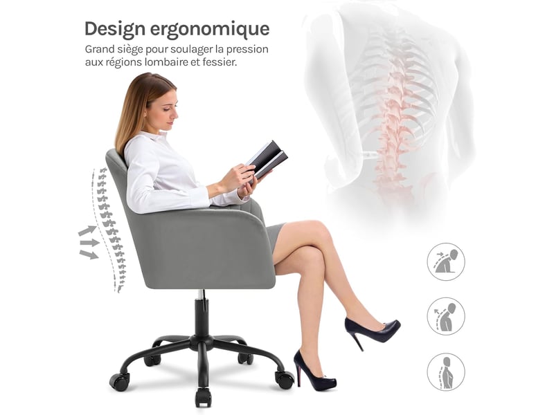  Chaise de bureau en velours, gris clair, fauteuil pivotant ergonomique, siège rembourré  - Conforama E
