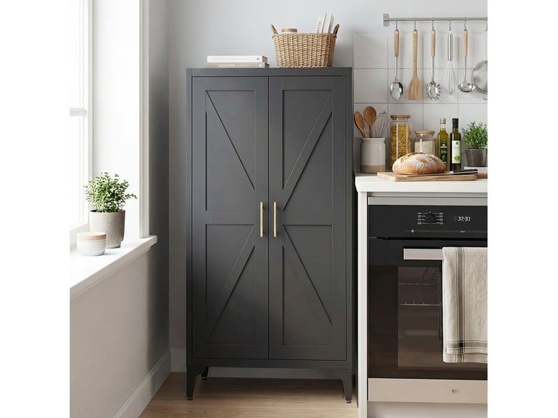  Buffet haut de rangement 60x30x120 cm, avec 2 portes en métal, style contemporain, meuble de rangement, coloris noir  - Conforama B