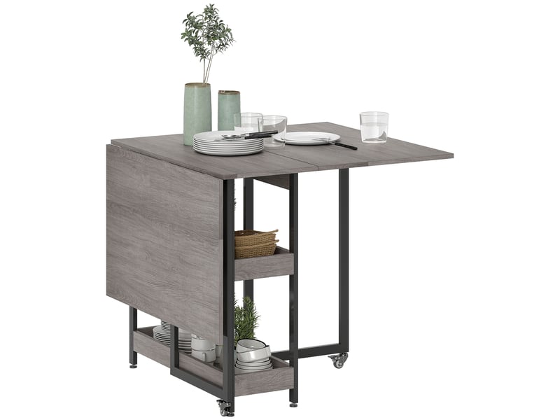  Table de salle à manger pliante de style industriel, pour 4 personnes maximum, étagères ouvertes, modulable, métal et panneaux de particules, grise  - Conforama A