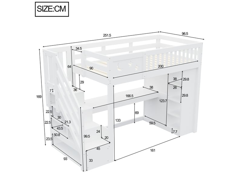  Lit mezzanine blanc en bois massif et mdf, 90x200 cm, avec bureau intégré et éclairage led  - Conforama C