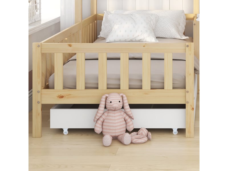  Lit cabane extensible 90 x 200 cm lit enfant gigogne bois massif de pin, sommier à lattes inclus, couleur blanc et naturel  - Conforama W