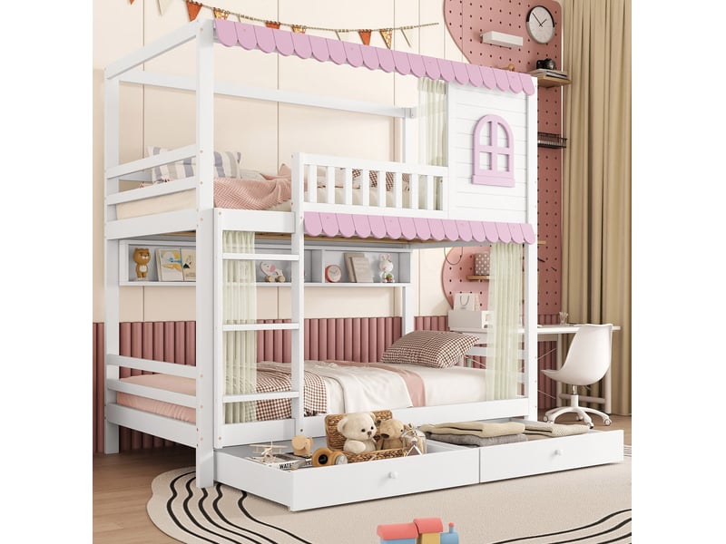 Lit superposé enfant 90x200 cm – blanc et rose – 2 tiroirs à roulettes, étagères et rideaux - sans matelas - Conforama B
