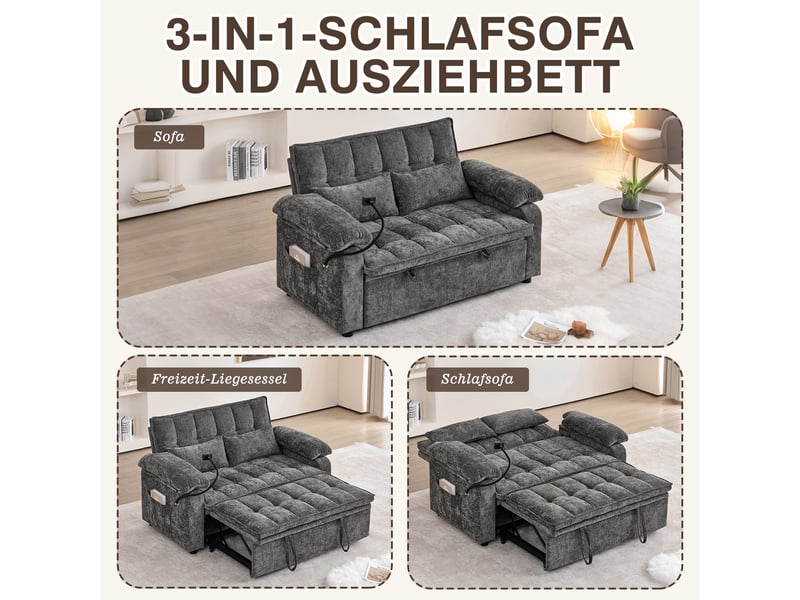  Canapé convertible 3-en-1 142 x 90 x 87 cm avec assise moelleuse, 2 coussins lombaires, tablette et porte-gobelet, chenille, gris OMNIGLINT TRADING LTD - Conforama E