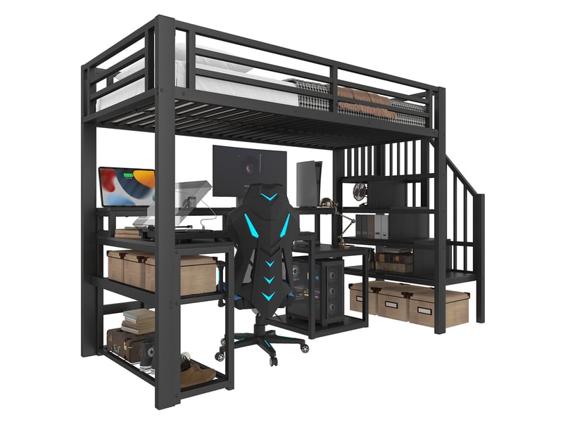  Lit mezzanine avec bureau 90 x 200 cm, cadre en métal noir, rangements, éclairage led et ports usb  - Conforama A