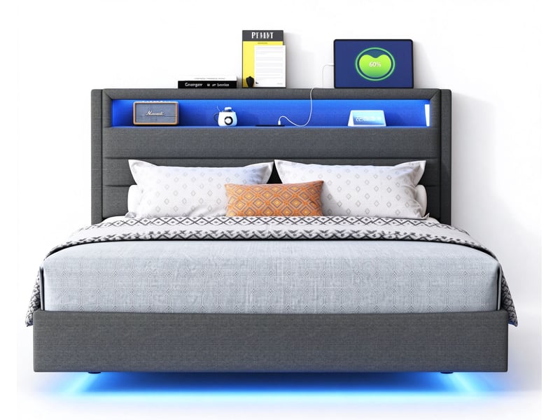Lit double 140x200 cm avec tête réversible et rangement, prise usb, led multicolore en tête et au pied, pieds dissimulés, lin, gris - Conforama A