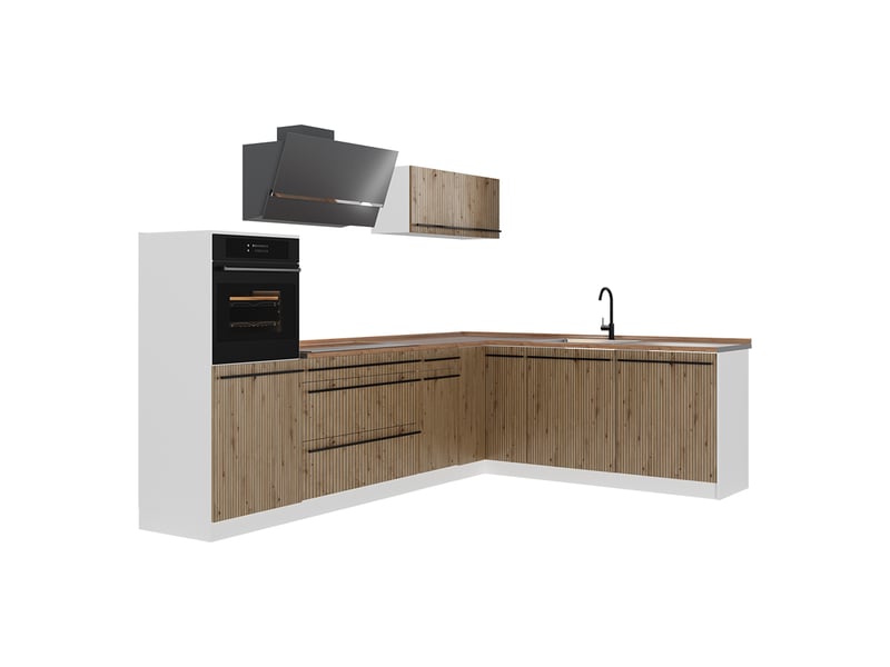  Vicco cuisine en angle, chêne artisanblanc, 287 x cm plan de travail chêne doré  - Conforama A