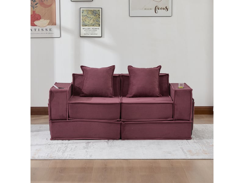Canapé deux places en velours côtelé rouge bordeaux avec rangement latéral, coussins et assise modulable pour salon et coin lecture - Conforama D