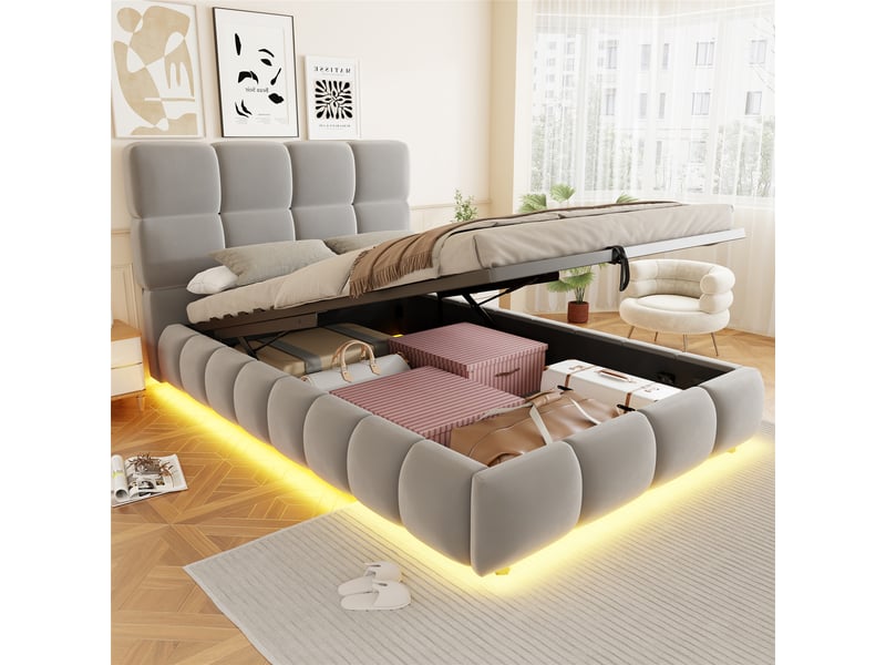  Lit adulte 90 x 200 cm, rangement hydraulique, avec bande lumineuse, velours, gris  - Conforama D