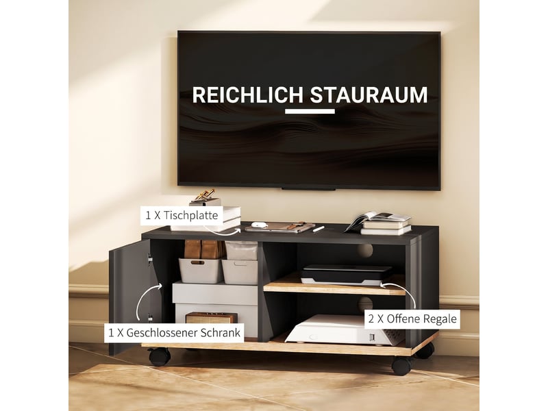  Meuble tv à roulettes avec porte et étagère réglable noir et coloris chêne  - Conforama D