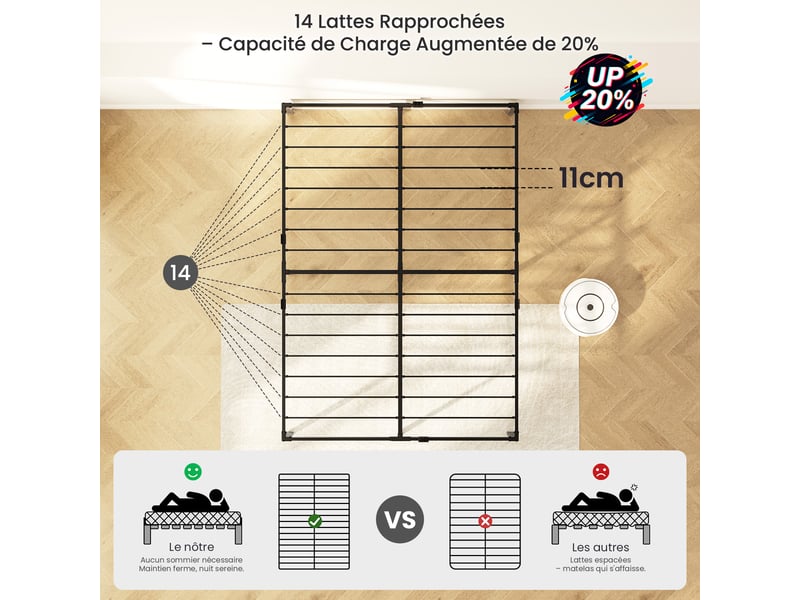  Lit double 140x200 cm, cadre de lit métallique robuste, design minimaliste, antidérapant et silencieux, résistant à la rouille, durable, charge maximale 500 kg, noir  - Conforama C