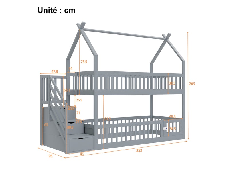  Lit superposé en bois massif, lit 2 places avec toit, escalier à tiroirs et porte, 200x90 cm, sans matelas, gris  - Conforama D