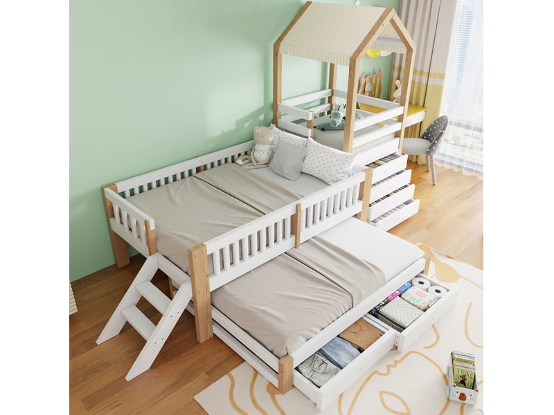 Lit cabane gigogne 90 × 200 et 90 × 190 cm, 4 tiroirs, escalier, sans matelas, bois massif blanc naturel  - Conforama B
