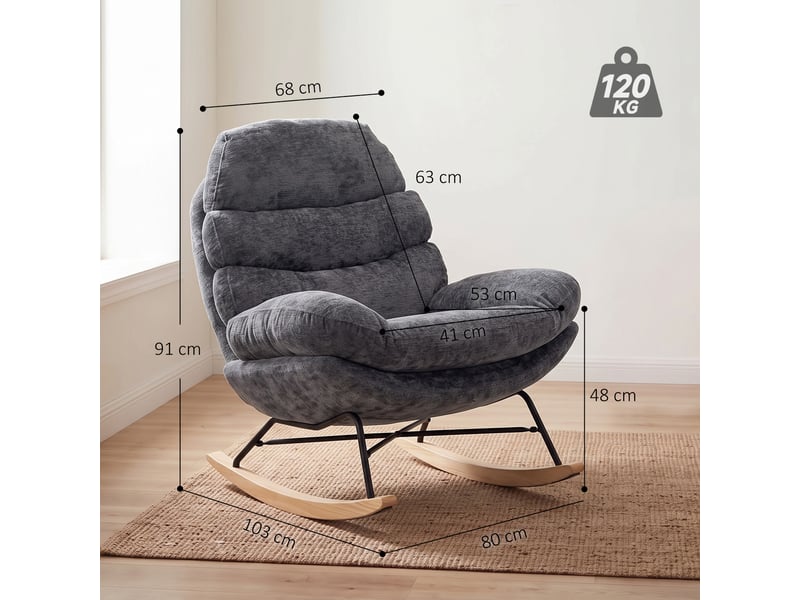 Fauteuil à bascule en chenille, assise en tailleur, coussins double épaisseur, dossier moelleux, piètement en hévéa, gris foncé - Conforama E