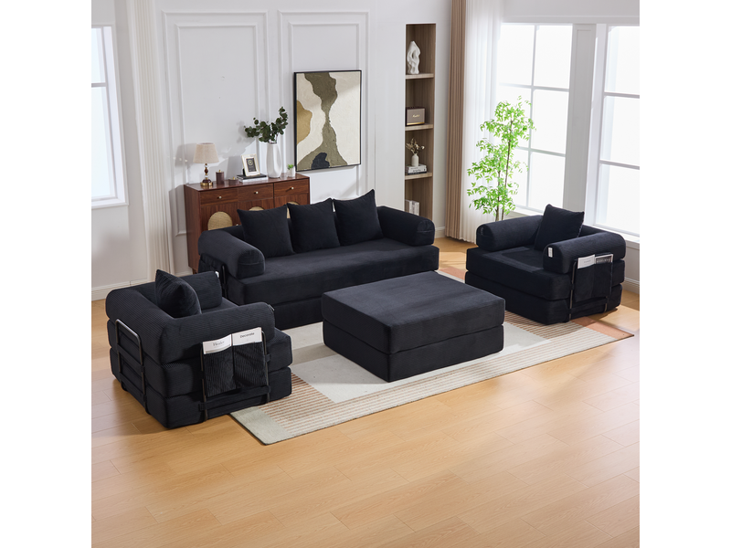  Canapé modulaire 4 places en velours côtelé noir avec pouf et fauteuil  - Conforama C