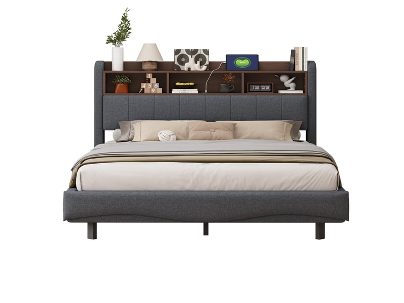 Lit double rembourré 160 x 200 cm effet flottant avec led, usbusb-c et rangement de tête de lit, tissu effet lin gris Fay Lum - Conforama A