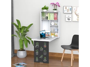 Bureau mural pliable table murale rabattable suspendue sur pied étagère + tableau à craie intégré mdf blanc