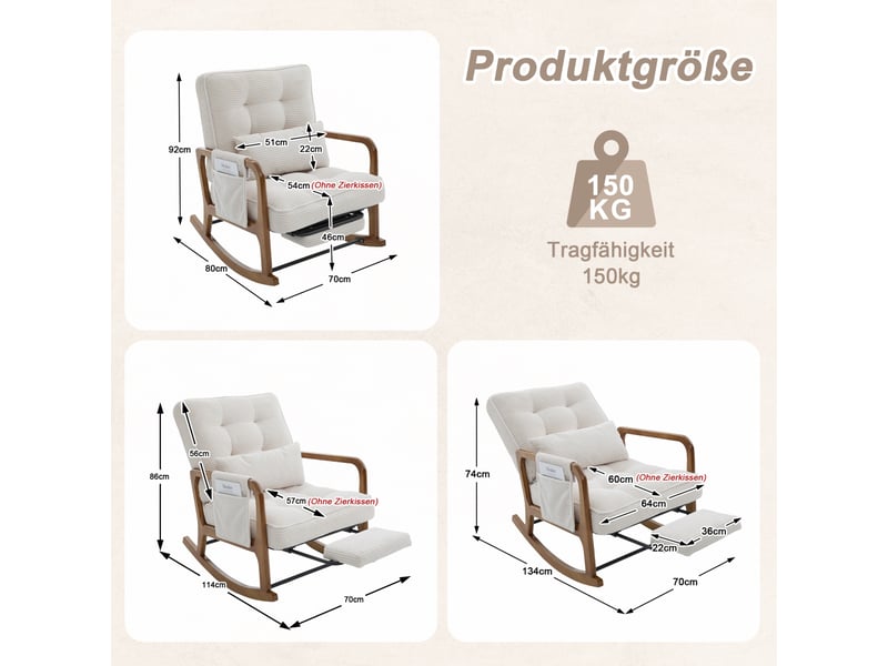  Fauteuil à bascule de salon 70x80x92cm – rocking chair avec repose-pieds rétractable, dossier inclinable et oreiller lombaire – velours côtelé - beige  - Conforama C