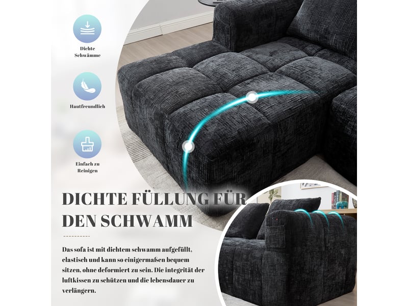  Canapé d'angle 3 places en chenille noir avec méridienne, accoudoirs et 3 coussins inclus  - Conforama D