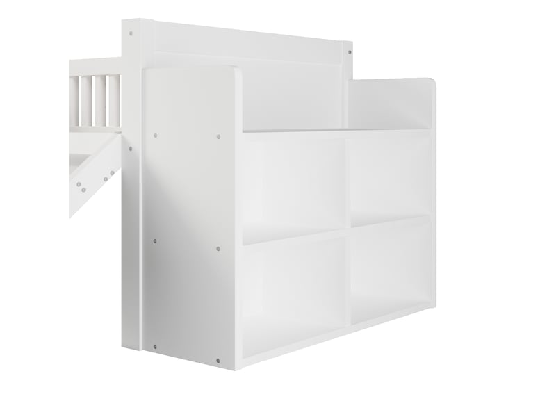 Lit mezzanine 90x200 cm, lit combiné, toboggan, échelle d’escalade, rangement latéral ouvert, design moderne, bois blanc CozyNest - Conforama E