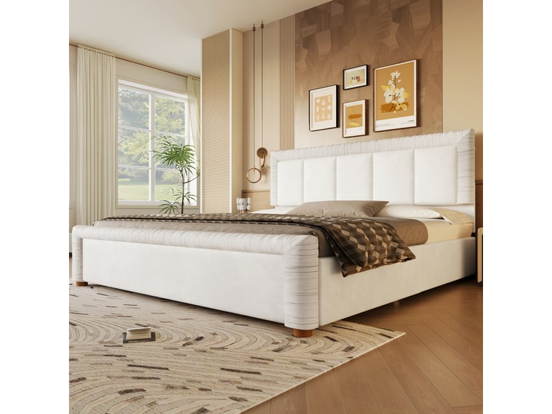 Lit adulte 180x200 cm en velours avec 2 tiroirs de rangement, tête et pied de lit rembourrés, pieds en bois - beige  - Conforama E