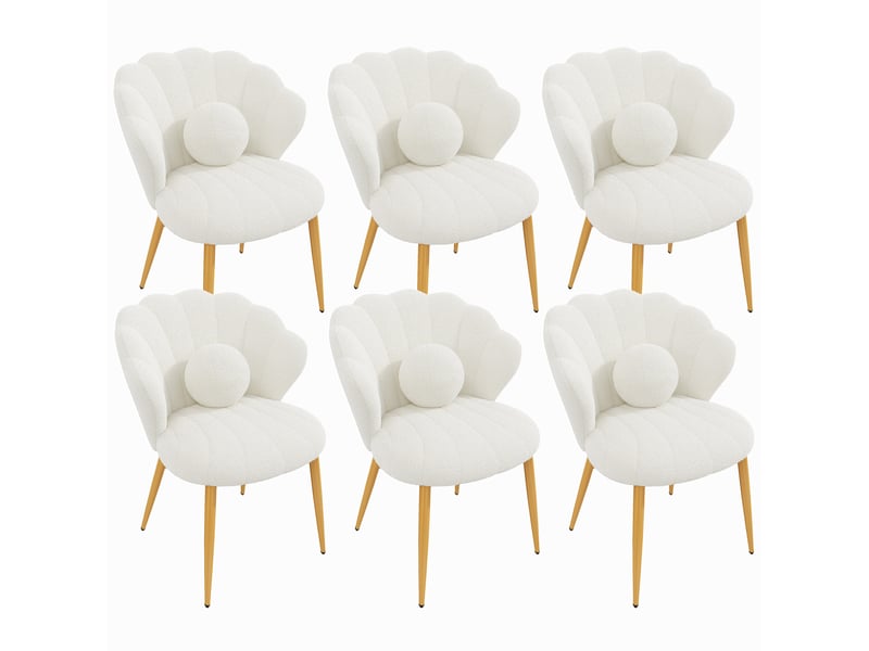 Lot de 6 chaises de salle à manger 60x62,5x83 cm, dossier coquillage, coussins, tissu bouclette, blanc - Conforama A