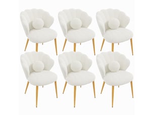 Lot de 6 chaises de salle à manger 60x62,5x83 cm, dossier coquillage, coussins, tissu bouclette, blanc