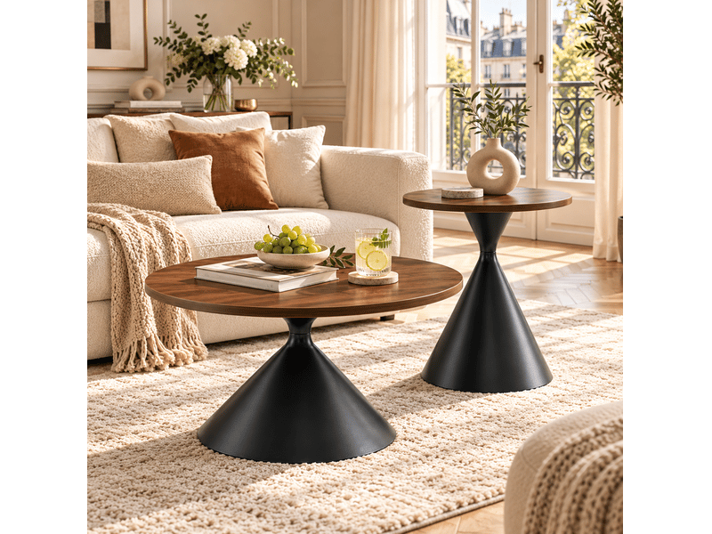  Set de 2 tables rondes ø70 x h40 cm et ø50 x h55 cm en métal noyer et noir  - Conforama B
