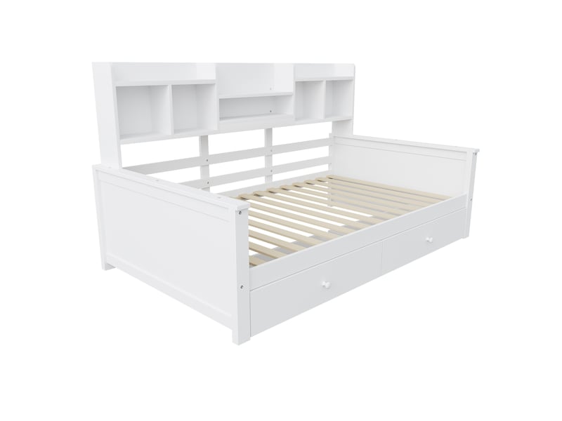 Lit banquette 90x200 en bois massif, lit enfant avec tiroirs et étagères de rangement, canapé-lit multifonction avec sommier inclus, blanc. - Conforama E