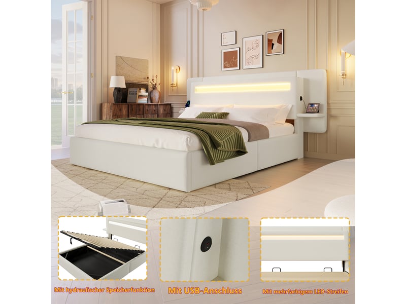  Lit coffre 140x200 cm en tissu lin avec rangement hydraulique, tête de lit led, table de chevet intégrée et port usb - beige  - Conforama E