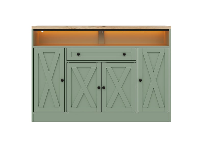  Buffet avec led rgb et  avec 4 portes et tiroir, buffet salon 140x35x95 cm en mdf vert, meubles de rangement  - Conforama R